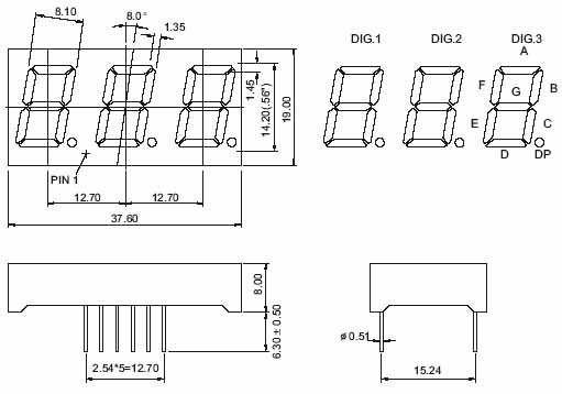 0.56인치 3자리 7세그먼트 LED 디스플레이(다이아몬드 컷 글꼴 포함)