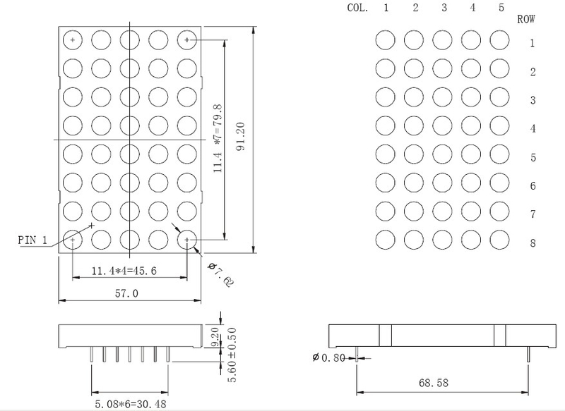 3.4인치 5x8 단색 LED 도트 매트릭스