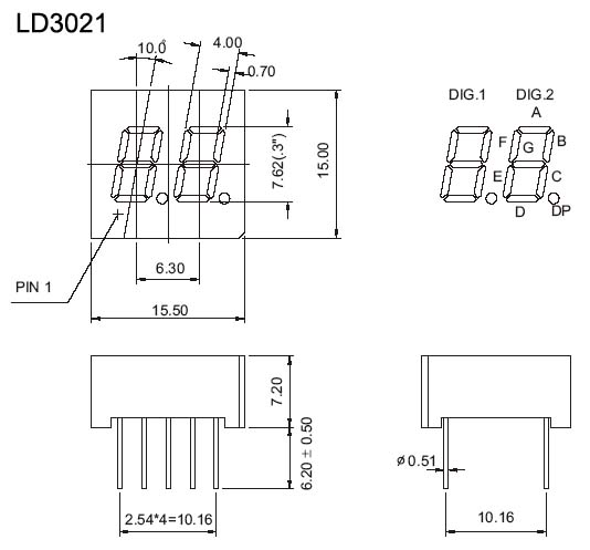 0.3인치 듀얼 디지트 7세그먼트 LED 디스플레이
