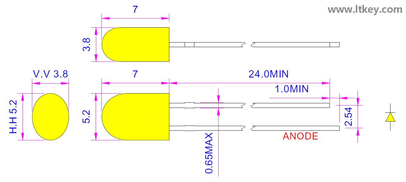 황색 5mm 타원형 LED