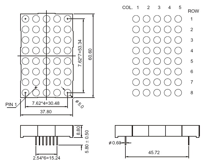 2.3인치 5x8 LED 도트 매트릭스