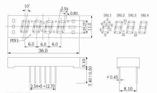 다중화 회로를 갖춘 0.25인치 7세그먼트 클록 LED 디스플레이