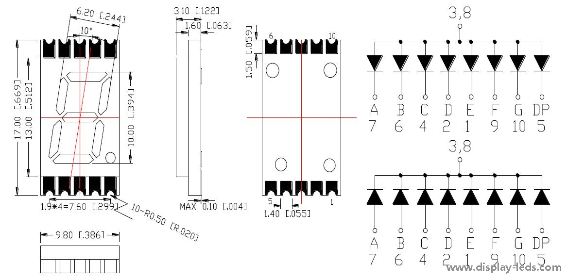 0.39인치 단일 자리 7 세그먼트 3.1mm 초박형 SMD 디스플레이