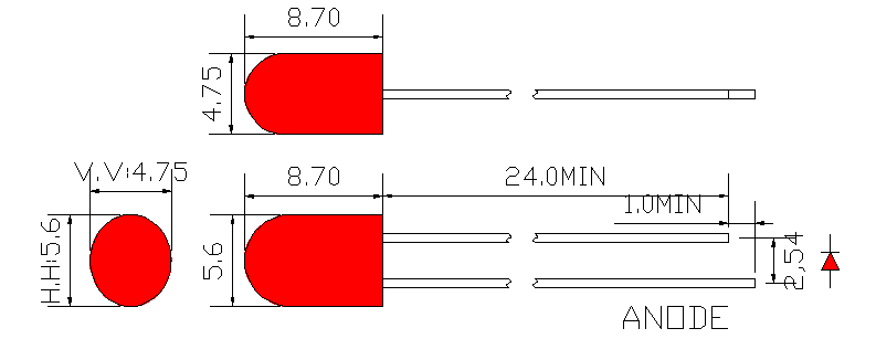 5mm 빨간색 원형 LED 램프(빨간색 확산(5.6x4.8mm))