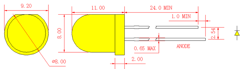 8mm 황색 원형 LED 램프(황색 확산)