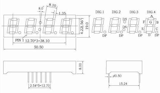 직사각형 세그먼트가 있는 0.56인치 4자리 LED 디스플레이 시계