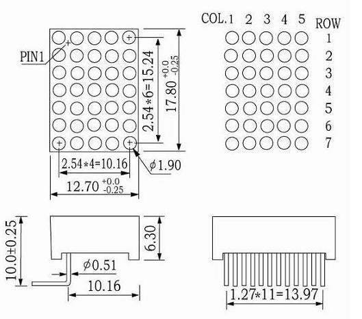 한쪽 핀이 있는 0.7인치 5x7 LED 도트 매트릭스
