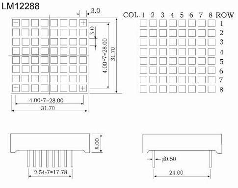 1.2인치 8x8 듀얼 컬러 LED 정사각형 도트 매트릭스