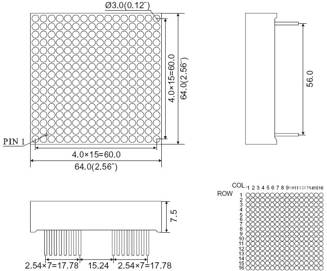 2.5인치 16x16 도트 매트릭스 LED 디스플레이