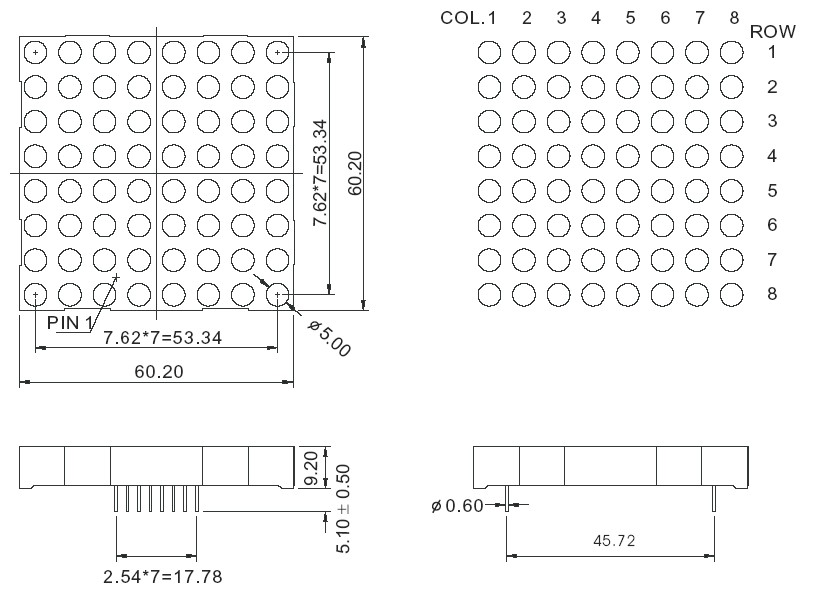2.3인치 8x8 도트 매트릭스 LED 디스플레이