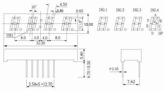 0.28인치 4자리 7세그먼트 LED 디스플레이