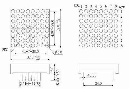 1.2인치 8x8 단색 LED 도트 매트릭스