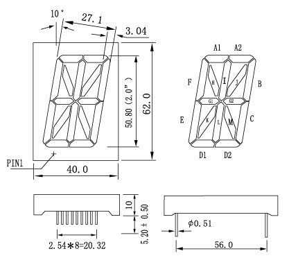 2 인치 (50.8 mm) 16 세그먼트 LED 디스플레이