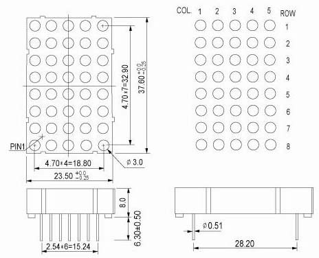 1.4 인치 5x8 LED 도트 매트릭스