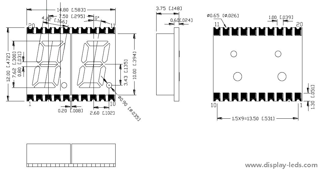 0.3인치 듀얼 디지트 7 세그먼트 SMD 디스플레이