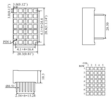 1.2인치(29mm) 5x7 정사각형 도트 매트릭스 LED 디스플레이