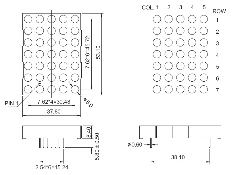 2인치 5x7 LED 도트 매트릭스