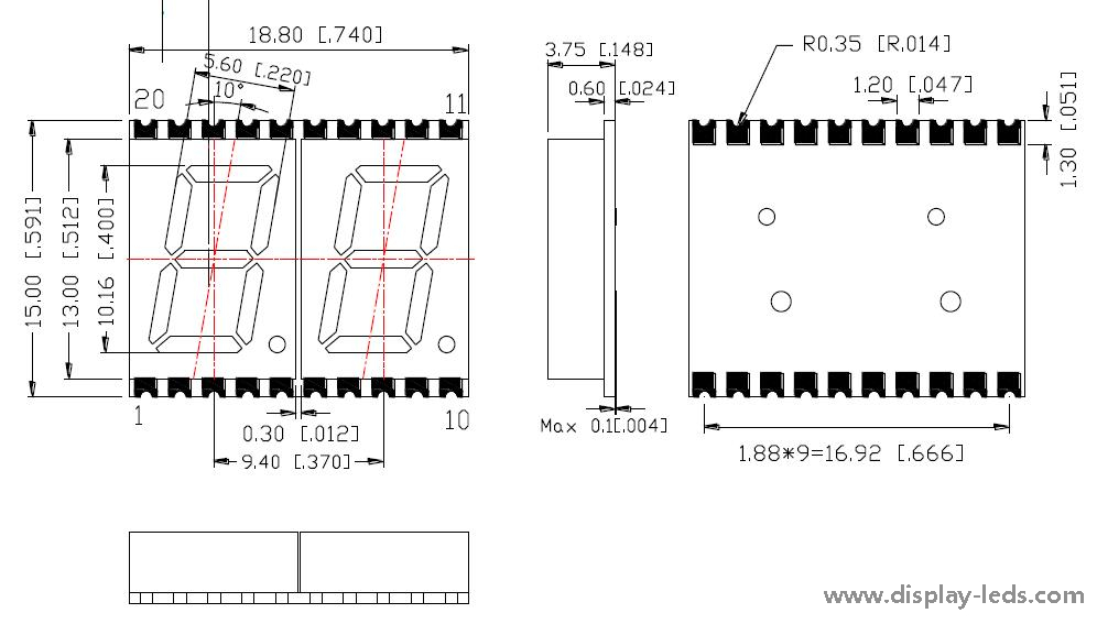 0.4 인치 듀얼 디지트 7 세그먼트 SMD 디스플레이