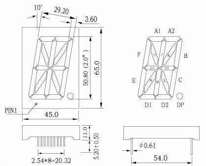 2 인치 (50.8mm) 영숫자 LED 디스플레이 공통 핀 11