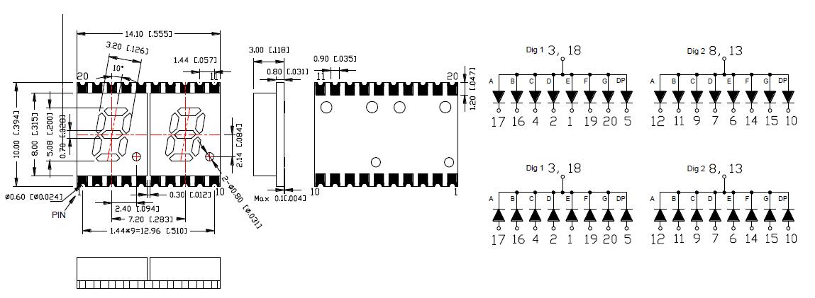 0.2인치 듀얼 디지트 7 세그먼트 SMD 디스플레이