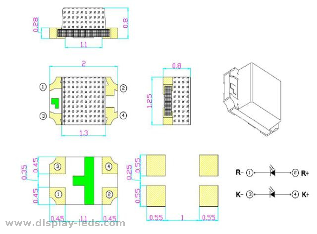 0805 빨간색 및 노란색 녹색 2012 SMD 칩 LED RoHS 규격 2.0(L) X1.2(W) mm