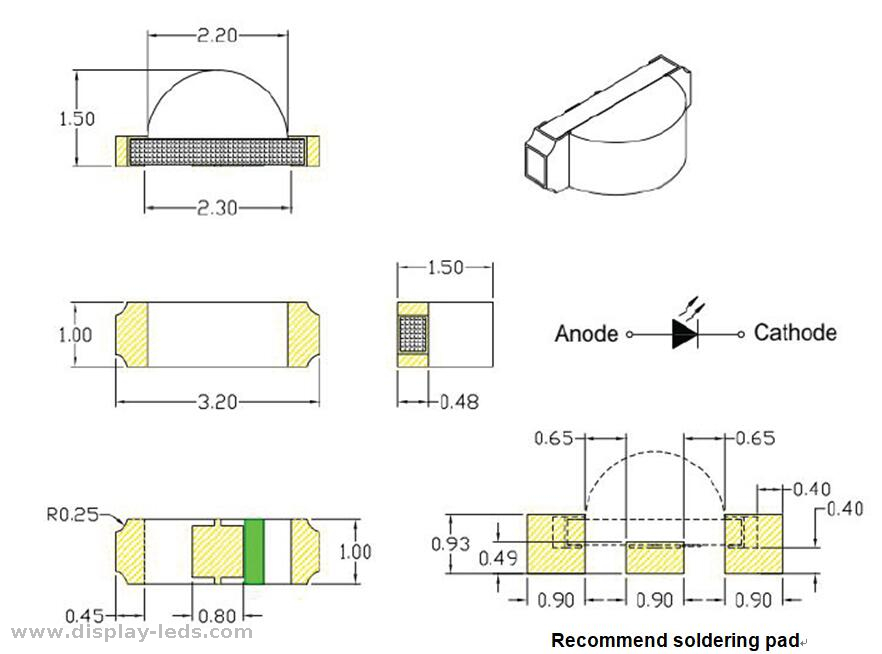 3210 노란색 1206 SMD 칩 LED RoHS 규격 2.0(L) X1.2(W) mm