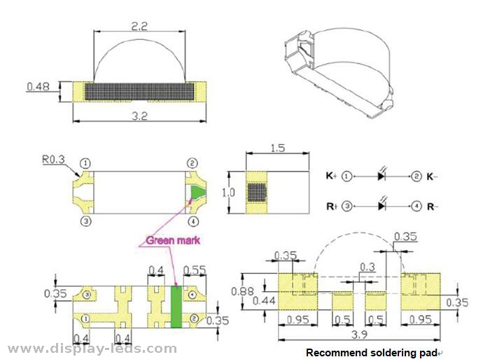 3210 빨간색-순수 녹색 1206 듀얼 컬러 측면 보기 SMD 칩 LED(2.0(L) X1.2(W) mm)