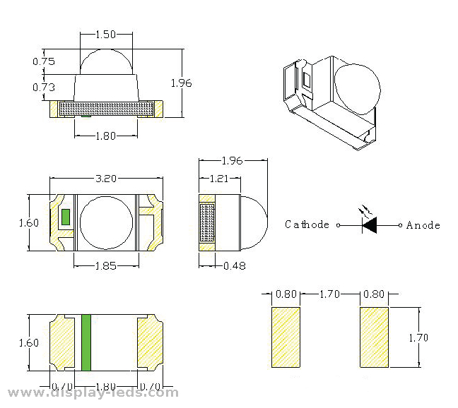 3216 빨간색 1206 돔 SMD 칩 LED RoHS 준수 3.2(L) X1.6(W) mm